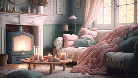 Cozy living room interior with burning candles. 3D rendering.の素材