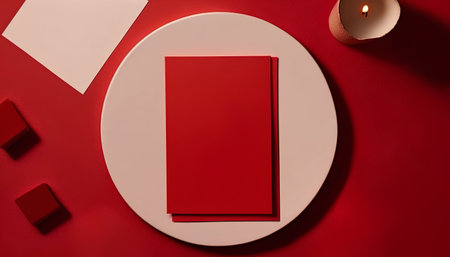 Blank red book on a white plate on a red background.の素材