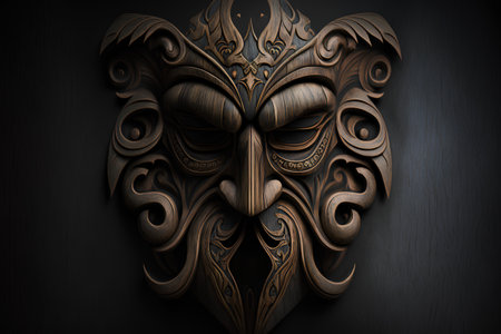 Wooden mask on a black background. 3D illustration. 3D CG. High resolution.の素材