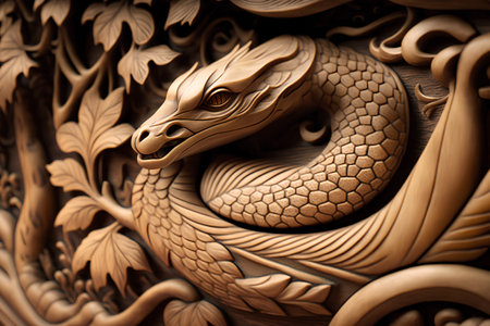 dragon head wood carving in chinese temple, closeup of photoの素材