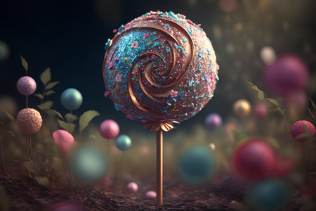 3d illustration of a lollipop with Easter eggs in the backgroundの素材