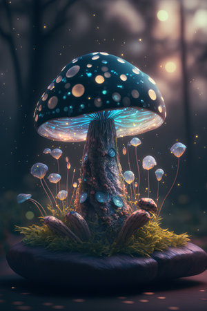 Fantasy magic mushroom in the forest. 3d render illustration.の素材