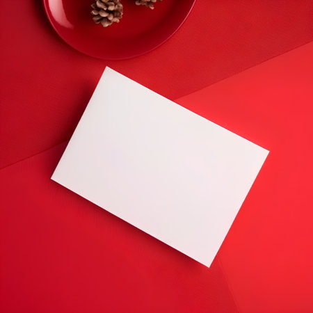 Red plate with a blank card on a red background, top viewの素材