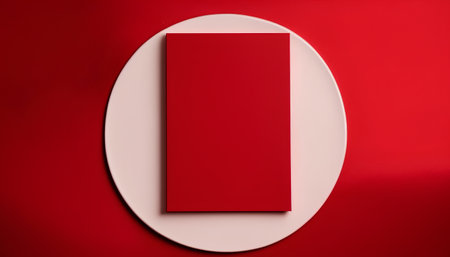 Empty white plate on red background. Mockup for branding identity.の素材