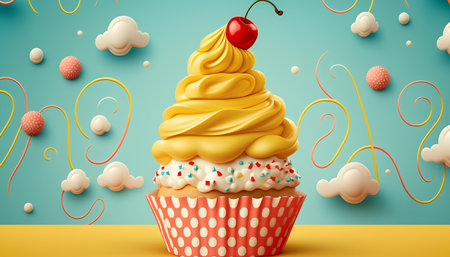 Cupcake with yellow cream and cherry on top 3d renderingの素材