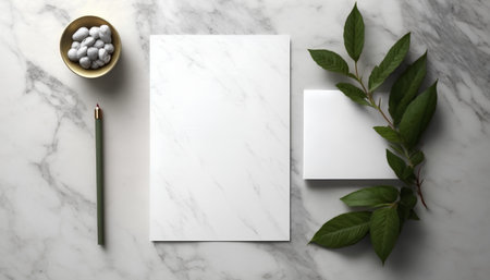 Blank stationery set on white marble background. Flat lay, top view.の素材