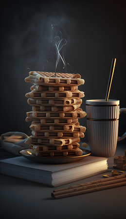 Cup of coffee and stack of waffles. 3d illustrationの素材