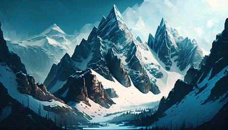 Mountain landscape with lake and high peaks in the clouds. 3d illustrationの素材