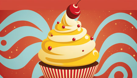 Illustration of a cupcake with cherry on top on colorful backgroundの素材