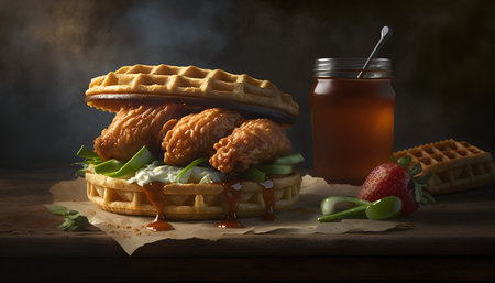 Belgian waffles with cheese and caramel sauce on a dark backgroundの素材