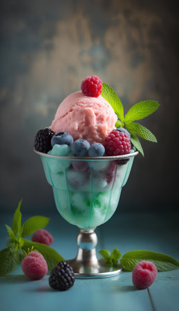 Raspberry and blackberry ice cream in a glass bowl with mint leavesの素材