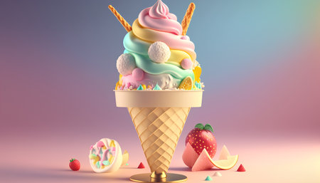 Ice cream in a waffle cone with fruits. 3d renderingの素材