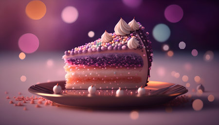 Birthday cake with cream and sprinkles on a plate on a bokeh backgroundの素材