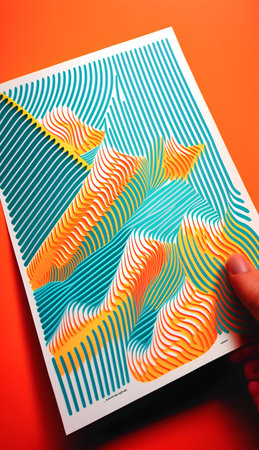Hand holding a book with a pattern of lines on a red backgroundの素材