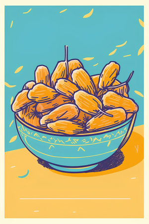 Vector illustration of a bowl of dried apricots on a blue backgroundの素材