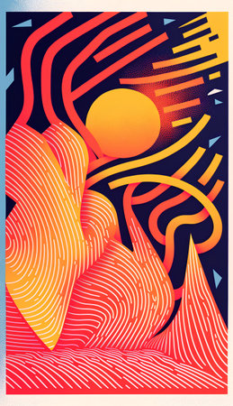 Abstract background with dynamic waves and sun. Vector illustration in flat style.の素材