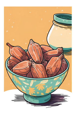 Bowl with dates. Hand drawn vector illustration in vintage style.の素材