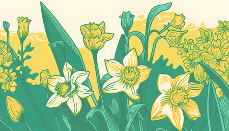 Seamless pattern with daffodils and narcissus flowers. Vector illustration.の素材
