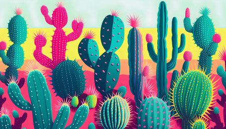 Seamless pattern with cactuses. Hand drawn vector illustration.の素材