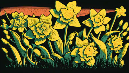 Seamless pattern with daffodils on a black backgroundの素材