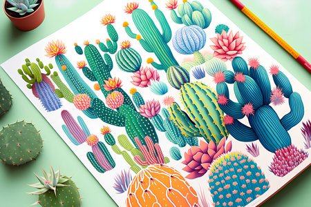 Top view of cactuses and succulents on color backgroundの素材