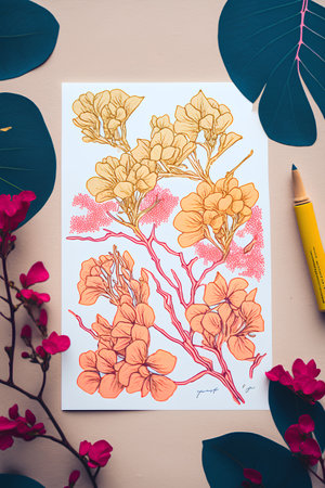 Flowers and leaves of tropical plant. Hand drawn sketch. Flat lay, top viewの素材