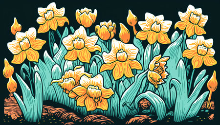 Daffodil flowers. Narcissus retro vector illustration.の素材