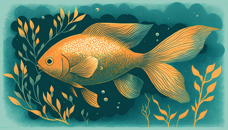 Vector illustration of a goldfish on the background of the sea.の素材