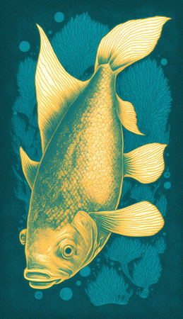 golden fish on a blue background with corals. vector illustrationの素材