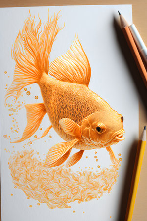 A goldfish with a pencil on a white sheet of paper.の素材
