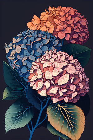 Hand drawn hydrangea flowers on dark background. Vector illustration.の素材