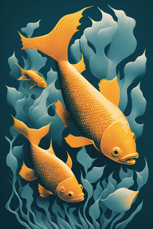 Illustration of two goldfish swimming in the sea with algae.の素材