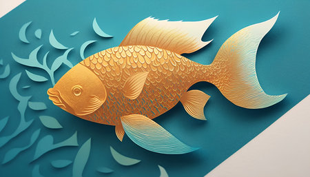 Gold fish on blue paper background. 3d illustration. Golden fish.の素材