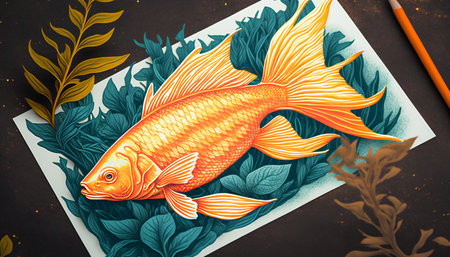 Koi fish on a background of seaweed and a pencil.の素材