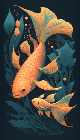 Gold fish and seaweed. Vector illustration of a goldfish in the sea.の素材