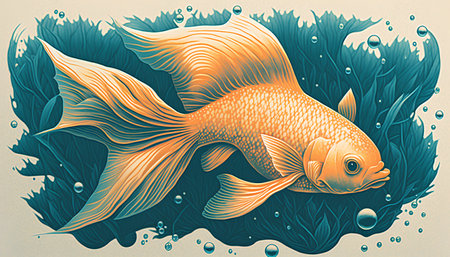 Goldfish in the sea. Hand drawn illustration of goldfish.の素材