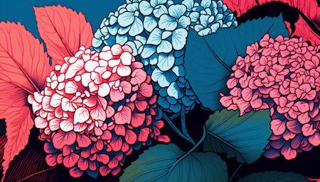 Hand drawn hydrangea flowers. Vector illustration in retro style.の素材