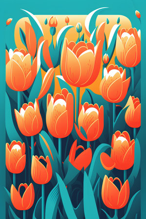 Spring background with orange tulips and green leaves. Vector illustration.の素材