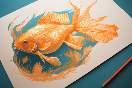 Gold fish on a blue background with algae and a pencil. Illustrationの素材