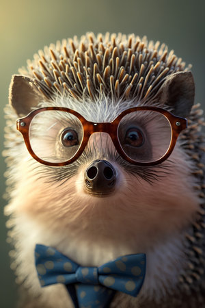 Hedgehog in glasses and bow tie. Portrait of a funny animal.の素材
