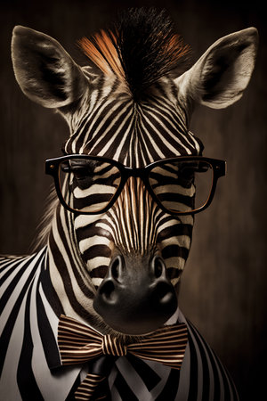 Portrait of a zebra wearing glasses on a wooden background.の素材
