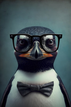 Penguin wearing eyeglasses and bow tie on grunge backgroundの素材
