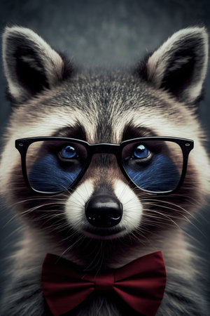 Portrait of a raccoon wearing glasses and bow tie on dark background.の素材