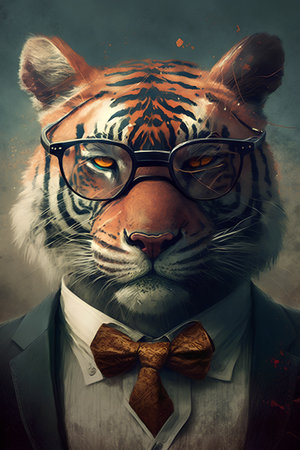 Portrait of a tiger wearing a bow tie and glasses on a grunge background.の素材