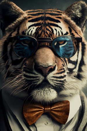 Portrait of a tiger wearing a bow tie and glasses. Studio shot.の素材