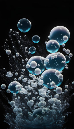 Blue soap bubbles in water on black background. 3D illustration.の素材