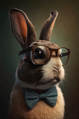 Easter bunny with eyeglasses and bow tie on dark backgroundの素材