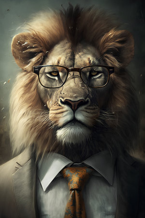 Portrait of a lion wearing glasses and a tie. Fashion shot.の素材