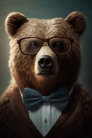Portrait of a brown bear in a bow tie and glasses.の素材