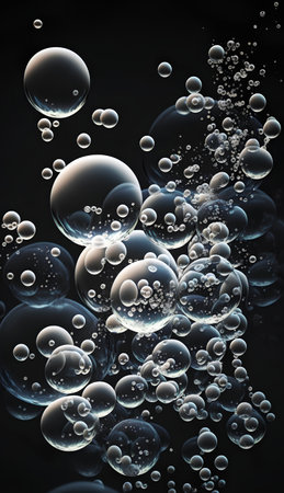 Bubbles under water on a black background. 3d renderingの素材